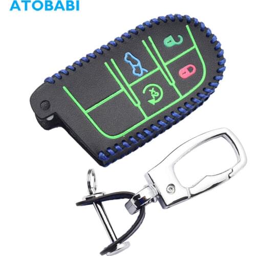 Luminous PU Leather Car Key Case For Dodge Durango Charger Challenger Journey Grand Cherokee 4 Buttons Keychain Remote Fob Cover