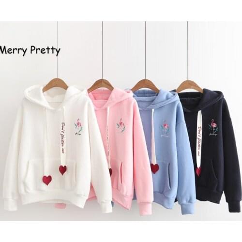 Merry Pretty New Winter Women Preppy Style Hoodies Sweatshirts Heart Crane Embroidery Hooded Pullovers Girl Sweet Velvet Outwear