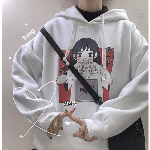 Japanese winter cartoon letter print Ulzzang fun ins women cute Vintage casual Harajuka plus size plus velvet hooded sweatshirt