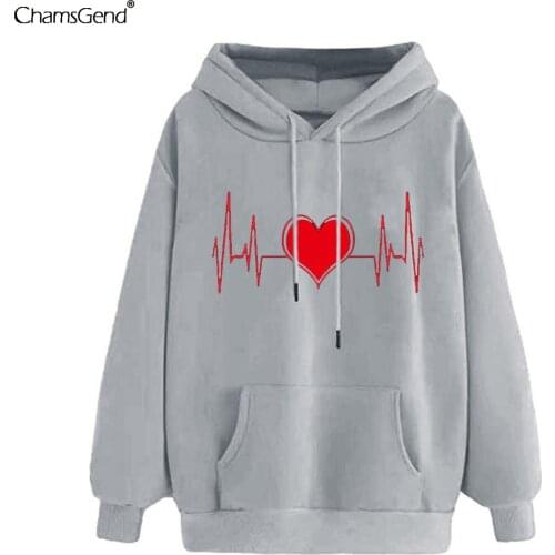 Women Sweatshirt Hoody Ladies Hooded Love Sound Wave Printed Casual Pullovers Girls Long Sleeve Autumn Winter Clothes Plus Size
