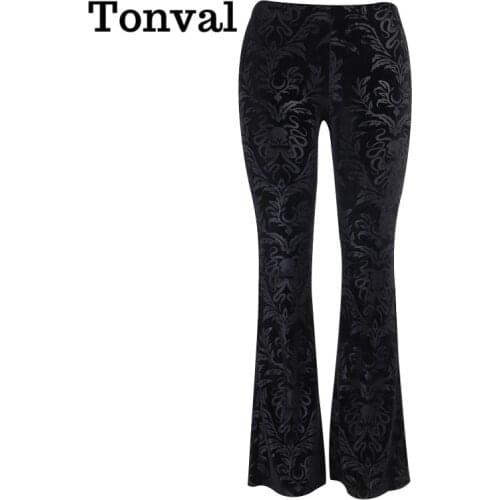 Tonval Women Floral Embossed Velvet Skinny Vintage Flare Pants High Waist Streetwear 2021 Spring Black Trousers