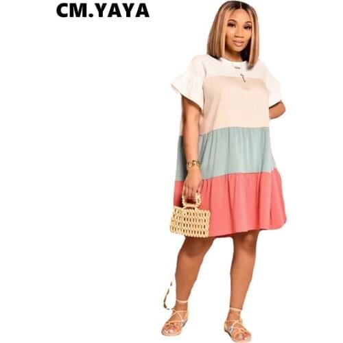 CM.YAYA Women Midi Dress Patchwork Short Sleeve O-neck Loose Knee Length Dresses Casual Fashion Vestidos Summer Outfits 2021