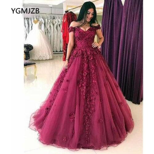 Burgundy Off Shoulder Flowers Evening Dress Long Ball Gown 2020 Lace Beaded Prom Dress Evening Gown Plus Size Robe De Soiree