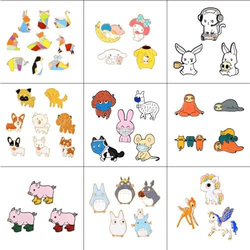 3-9 Pcs/Set Cartoon Enamel Animal Brooch Cat Kitten Dog Hippo Button Pins Shirt Jacket Lapel Pin Collar Badge Jewelry