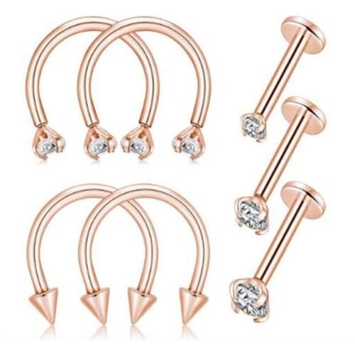 7pcs/set Rose Gold Nose Ring Stainless Steel White Crystal Punk Nose Stud Piercing Nose Rings Lip Stud Body jewelry wholesale