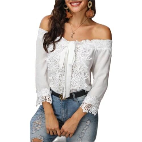 White Elegant Lace Hollow Out Women Blouse 2021 Spring Long Sleeve Shirts Mesh Top Autumn Vintage Ladies Clothes White Front