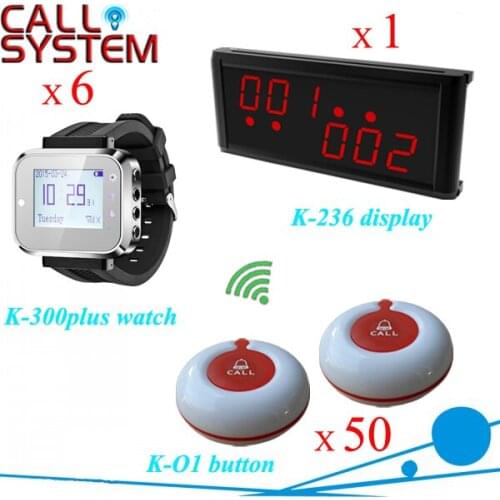 Bar Wireless Calling Pager System 1 display receiver K-236 with 6 watches K-300plus 50pcs K-O1 bell buzzer waterproof