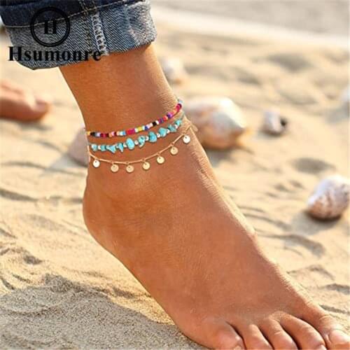 Beads Drop Sequin Anklets Colored beads Women Boho Ankle Chain Bracelet Gold Plated Charm Multilayer Beach Foot Jewelry Gift