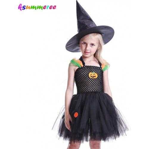 Halloween Black Pumpkin Pattern Tutu Dress with Witch Hat Colorful Circle Children Cosplay Carnival Ball Gown Kids Photo TUTU