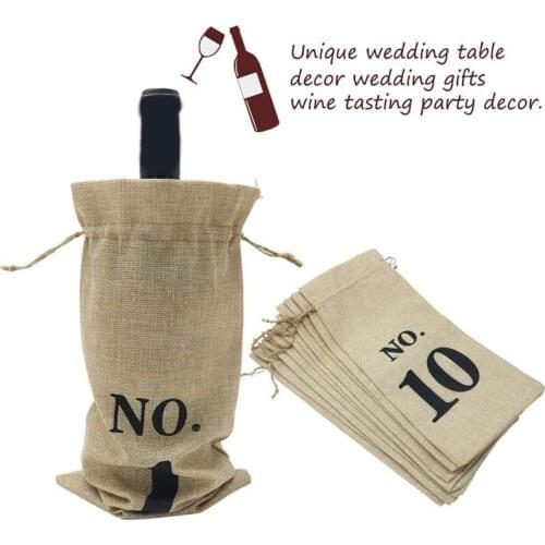 10Pcs Jute Wine Bags Hessian Numbered Wine Bottle Gift Bags with Drawstring for Blind Wine Tasting Brown 14 x 6 1/4 Inches