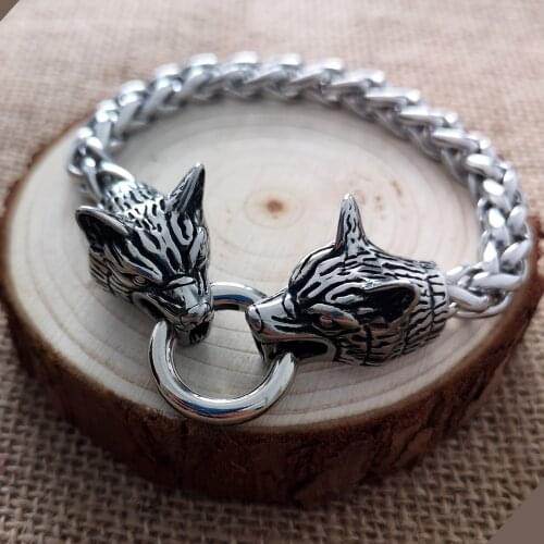 Exquisite stainless steel Viking double wolf head wolf bracelet exaggerated titanium steel chain bracelet punk jewelry
