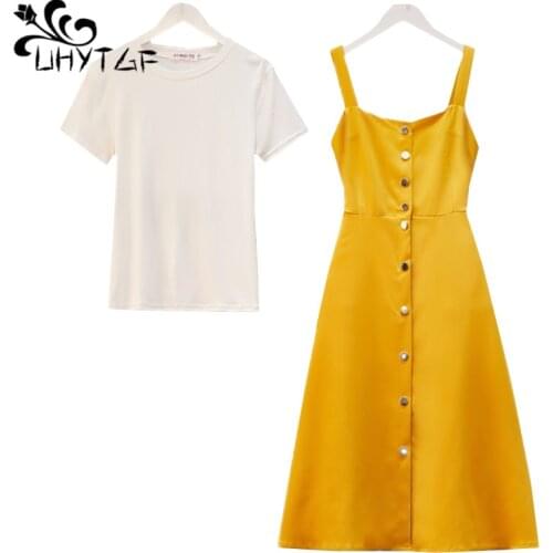 UHYTGF Summer skirt set women t-shirt strap dress 4XL plus size 2 piece set women Cute girl Strap dress elegant feminine set 691