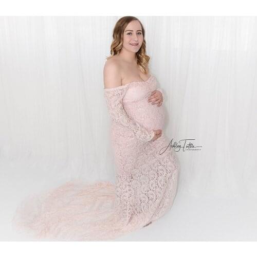 Lace Maternity Dress Photography Props Maxi Long Sleeves Dress Off the Shoulder Pregnant Dresses Photography Baby Shower Dress