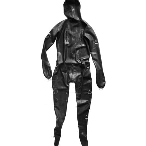 0.6mm heavy thickness latex & D ring buckles designs mens black bdsm latex bondage in Zentai with mesh eyes & open nostrils