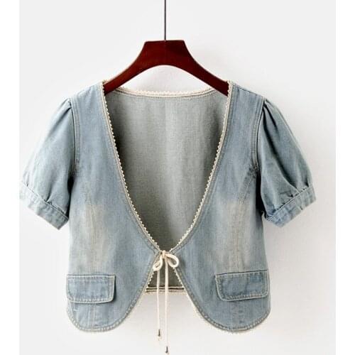 Summer Fashion Short sleeve Denim Jacket Coat Shawl Cardigan Outerwear Female Big size Slim Lace up V Neck Short Jeans Jackets