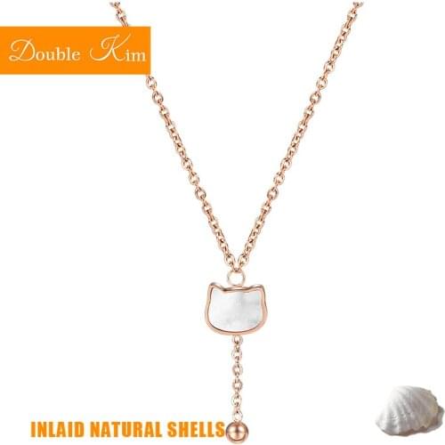 Small Cat Pendant Necklace Titanium Stainless Steel Material Inlaid Natural Shells Chain Necklace Fashion Women Jewelry
