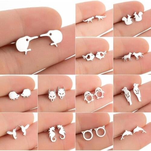 Cute Stainless Steel Animal Earrings for Women Child Jewelry Trend Hummingbird Pig Fish Squirrel Dog Paw Earrings Piercing Studs