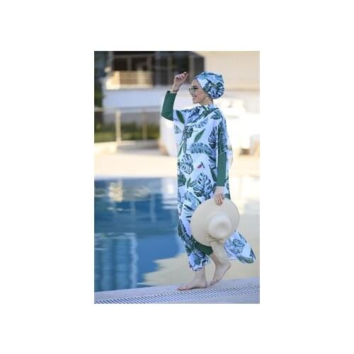Muslim Swimwear Hijab On Patterned Kaftan Pareo Green Leaves