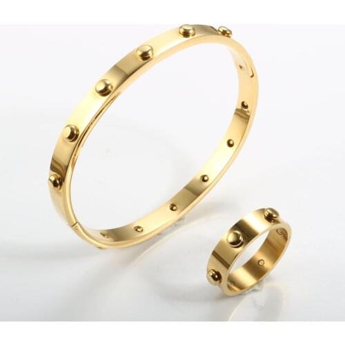 Stainless Steel Fashion Jewelry Set Women Men Charm Bangle Bracelet Round Rivets Finger Ring For Women Men Jewelry Set Gift