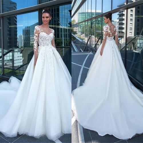 New O-neck Tulle Skirt Applique Flowers A-line Wedding Dress Long Sleeve Turkey Bridal Gowns Lace Wedding Dresses 2021