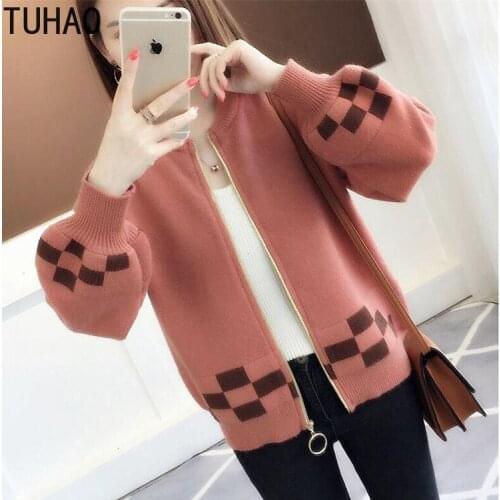 TUHAO autumn winter lantern sleeve zipper knitting cardigan preppy student sweater girl coat Lantern Sleeve cardigan LZ47