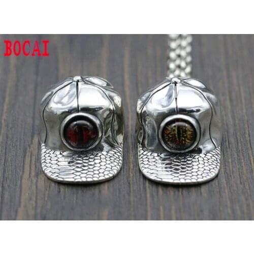 Real S925 Sterling Silver Personality Hip Hop Wind Snake Eye Flat Hat Pendant