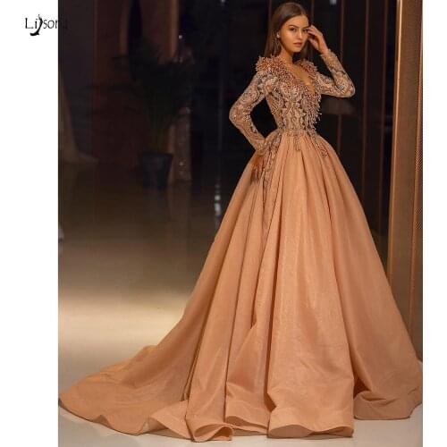Eye Catching Champagne Beaded Evening Dresses 2021 Lace Crystal A-line Long Bridal Prom Dresses Full Sleeves Party Dress