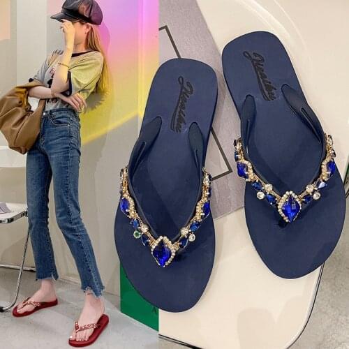 Flat Shoes Female Womens Slippers Outdoor Pantofle Low Rubber Flip Flops Slides 2021 Hawaiian Beach Glitter Fabric Crystal PU Ho