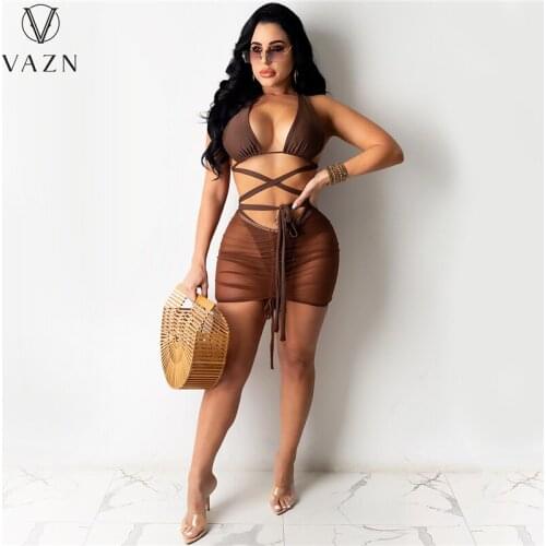 VAZN 2021 New Fashion Solid Open Bikini Shinny Set Top Short Pant Sexy Young High Waist Skinny Women 3 Piece Set