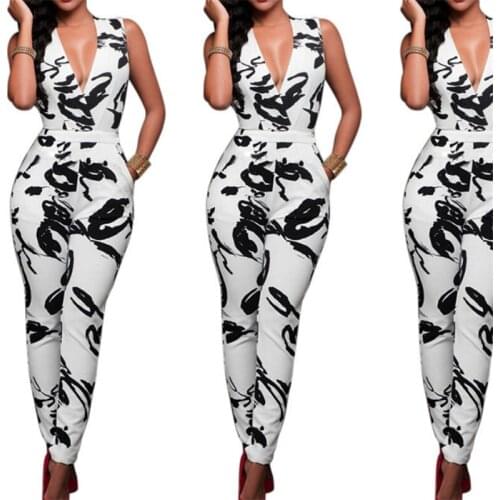 2019 New Women White Black Jumpsuit Ladies Clubwear Summer V Neck Playsuit Floral Printed Bodycon Party Jumpsuit Romper Trousers