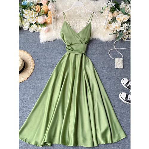 Runway Designer 2020 Women Long Dress Elegant Sexy V-neck Green/White Party Dresses Vintage High Waist A-line Dress For Female