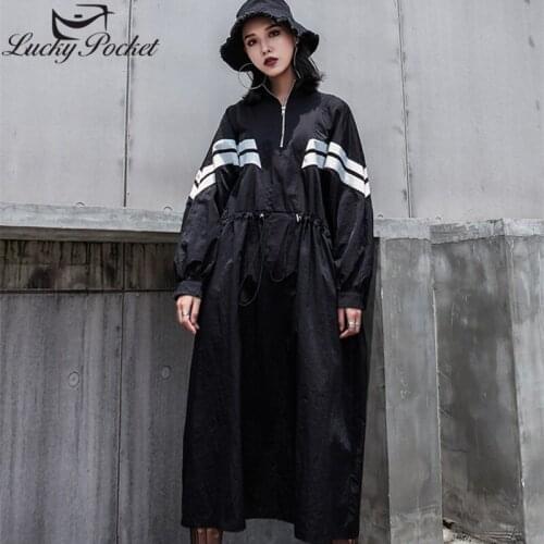 2020 Female Mid-length Black Splice Street style Dress Female Loose Plus Size Zipper New Fashion Cotton Stripe Vestido QL21