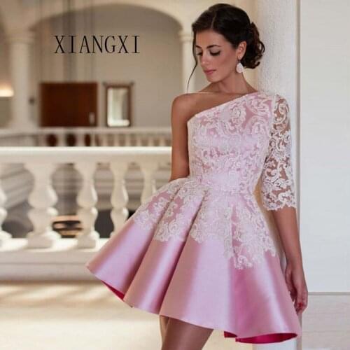 Ball Gown One Shoulder prom dress robe de soiree Pink Evening Party Dress Sexy Short Prom Dresses 2020
