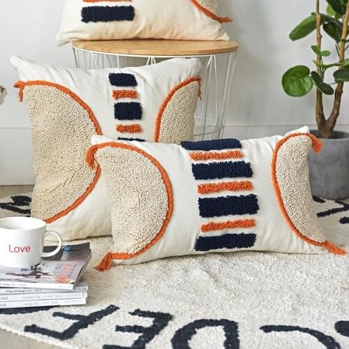 Moroccan Style Cushion Cover 45x45cm/30x50cm Tassel Throw Pillow Cover Handmade Orange Navy Stripe Tufted Pillow Case Home Decor