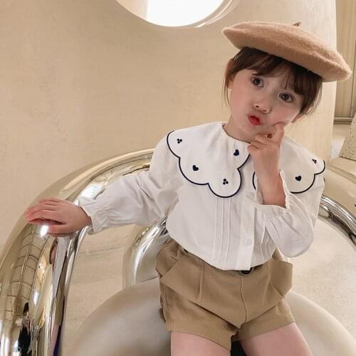 Spring Autumn girls cute cartoon bear embroidery white shirts cotton casual turn-down collar shirt