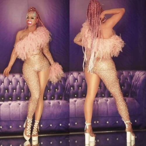 Oblique Shoulder Pink Feather Jumpsuit Drag Queen Costumes Evening Birthday Outfits Women Dancer Bar Festival Clothing DN9549