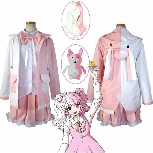 Danganronpa Usami Monomi Pink Cosplay Costume Long Wig Bear Toy Mascot Rabbit Girl School Uniform Hooded Jacket Skirt Set Shirt