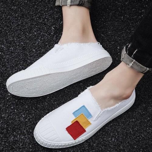 Summer Half Drag Canvas Shoes Men Comfortable Youth Fashion Mens Casual Shoes Tassel Slip-on Lazy Loafers Flat Vulcanized Shoes
