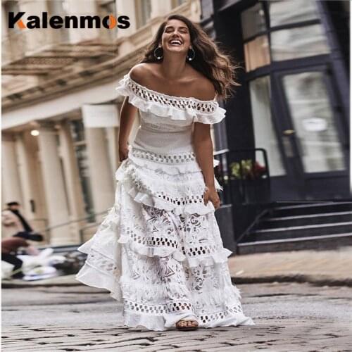 KALENMOS Long Dress Women Slash Nech High Waist Lace Hollow Out A-Line Party Night Evening Elegant Wedding Maxi White Vestidos