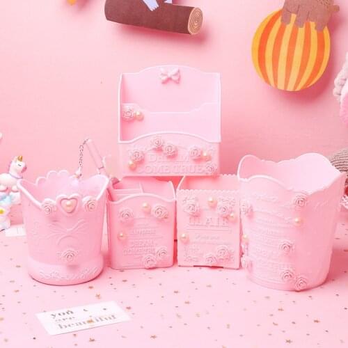 Pink Cute Pen Pencil Holder Girls Creative DIY Rose Flower Cosmetic Makeup Box Orangizer Student Desktop Sundries Storage Bucket