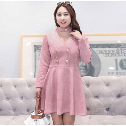 Pink 100 KG Large Size Women Autumn Winter Warm Suede Dress V-Neck Long Sleeve Elegant A-Line Party Dress Ladies Casual Clothes