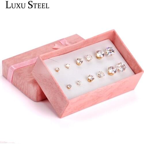 LUXUSTEEL White Crystal Size 3mm/5mm/7mm Mixed Style Round/Square Cubic Zirconia 6pairs/Boxes Earrings Sets Female Bijoux Gift