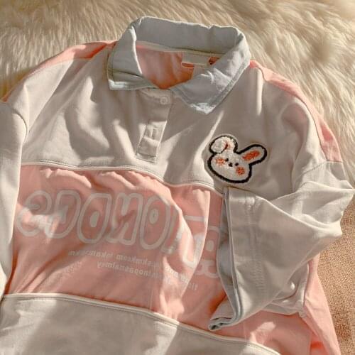 Chic Rabbit Embroidery POLO Shirts Contrast Color Patchwork Vintage T Shirts Short Sleeve Loose Summer Tops Fashion Teens Lovers