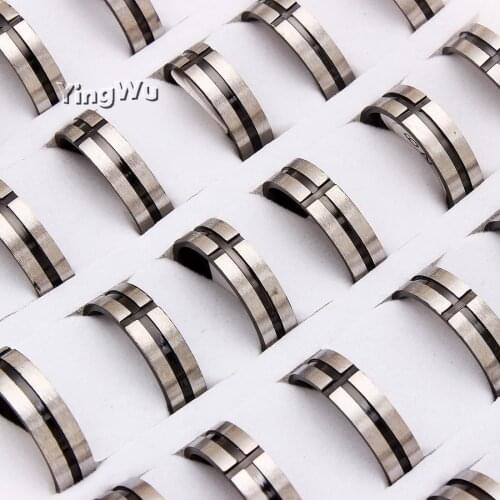 Yingwu 5pcs Lot Casual Black Stainless Steel Wedding Band Ring for Men Black and Silver Cross Design Finger Male Jewelry