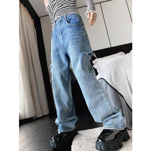 2021 New High Waist Women Ripped Jeans Straight Casual Streetwear Spring Fashion Iong Pants Baggy Blue Versatile Denim Trouser