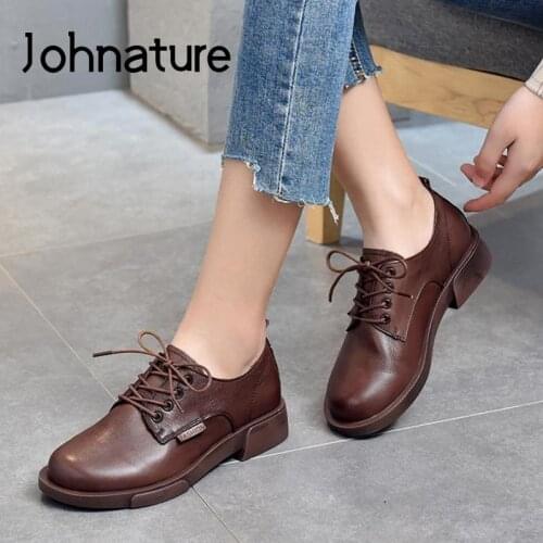 Johnature Pumps Women Shoes 2021 New Spring/Autumn Retro Genuine Leather Round Toe Casual Lace-Up Shallow Handmade Ladies Shoes