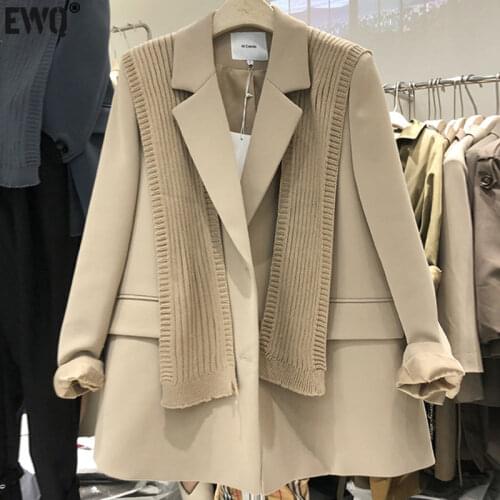 [EWQ] Autumn Winter Female Turn-down Collar Long-sleeved Blazer Coat Single Breasted Loose Minimalist Suit With Scarf 8Q346