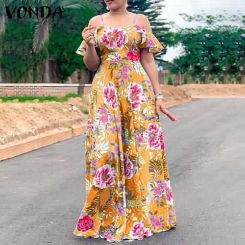 Women Bohemian Floral Printed Long Maxi Dress 2021 VONDA Sleeveless Off Shoulder Dress Beach Sundress Casual Zipper Vestido 5XL