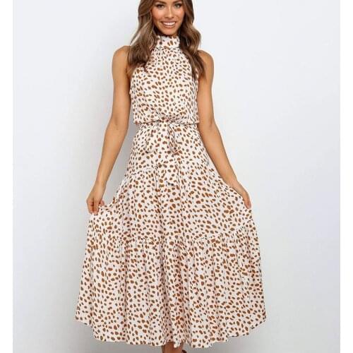 Women Summer Party Boho Dress 2021 Fashion maxi Polka Dot Sleeveless Print Belt Long Dresses Sexy Mini For Femme