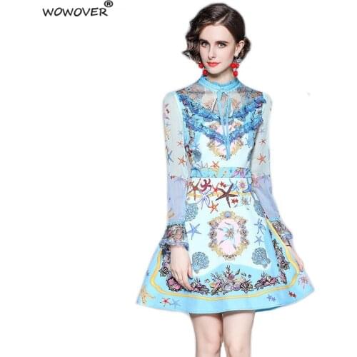 New Spring Fashion Lace Ruffles Patchwork Bow Ribbon Print Vintage Runway Dress Women Robe Elegant Blue Aline Knee Vestidos